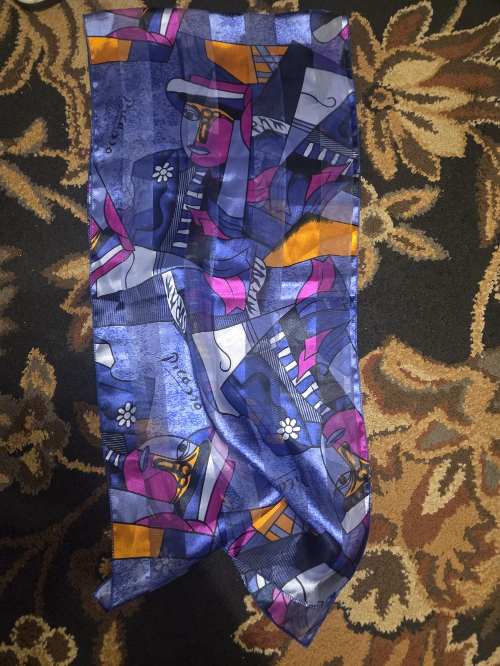Abstract Blue & Pink Silk Scarf with Yellow Accents